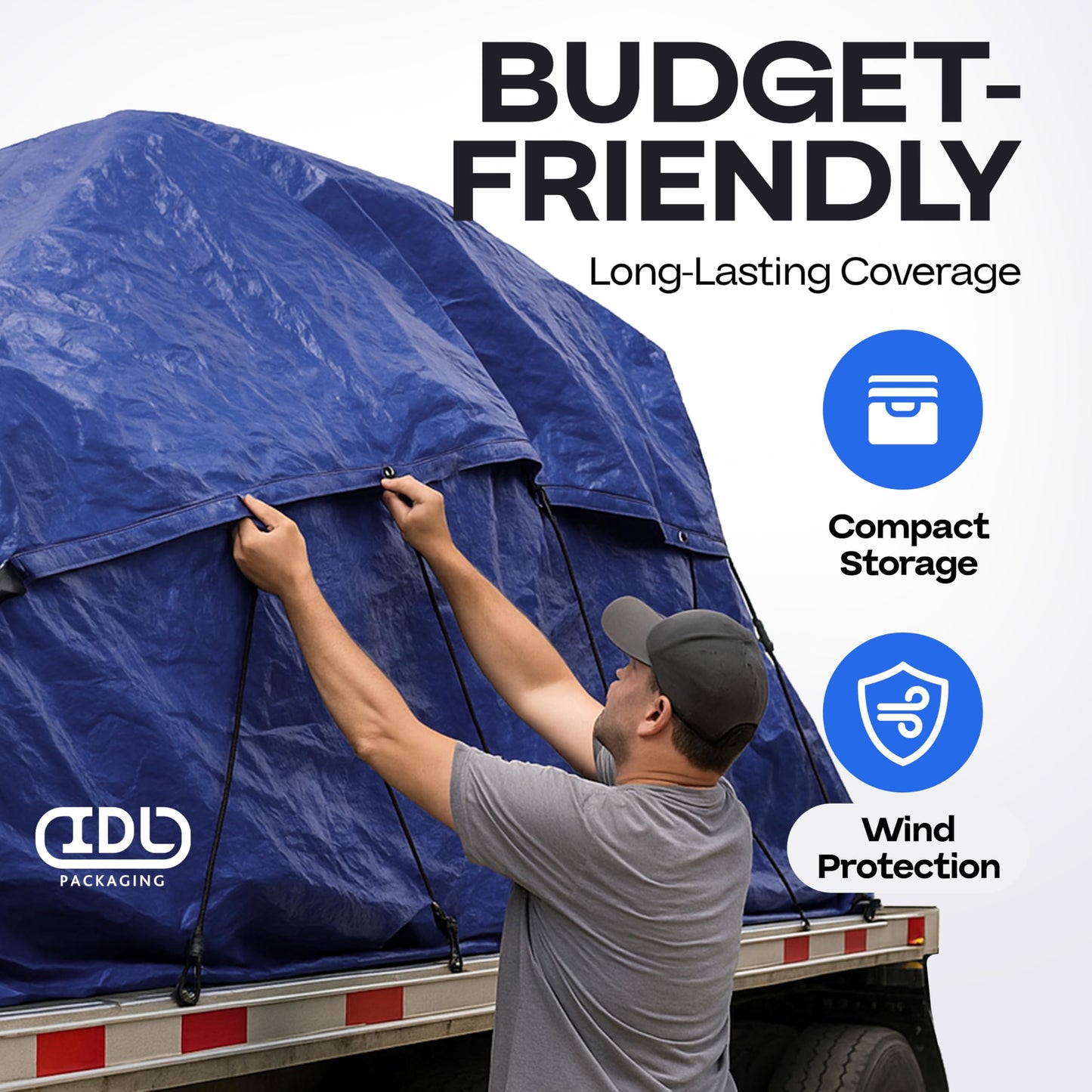 Blue Tarps Waterproof 8'x10', Pack of 8 - USA-Made 3.5 mil Thick Camping Tarp for Car, Boat & Storage Cover - Heavy-Duty Poly Tarpaulin with Grommets for Indoor and Outdoor Protection by IDL Packaging