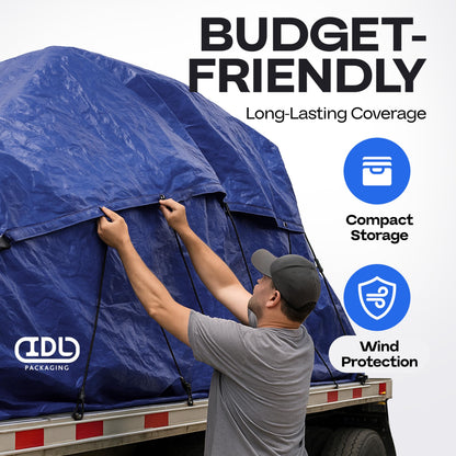 Blue Tarps Waterproof 8'x10', Pack of 8 - USA-Made 3.5 mil Thick Camping Tarp for Car, Boat & Storage Cover - Heavy-Duty Poly Tarpaulin with Grommets for Indoor and Outdoor Protection by IDL Packaging