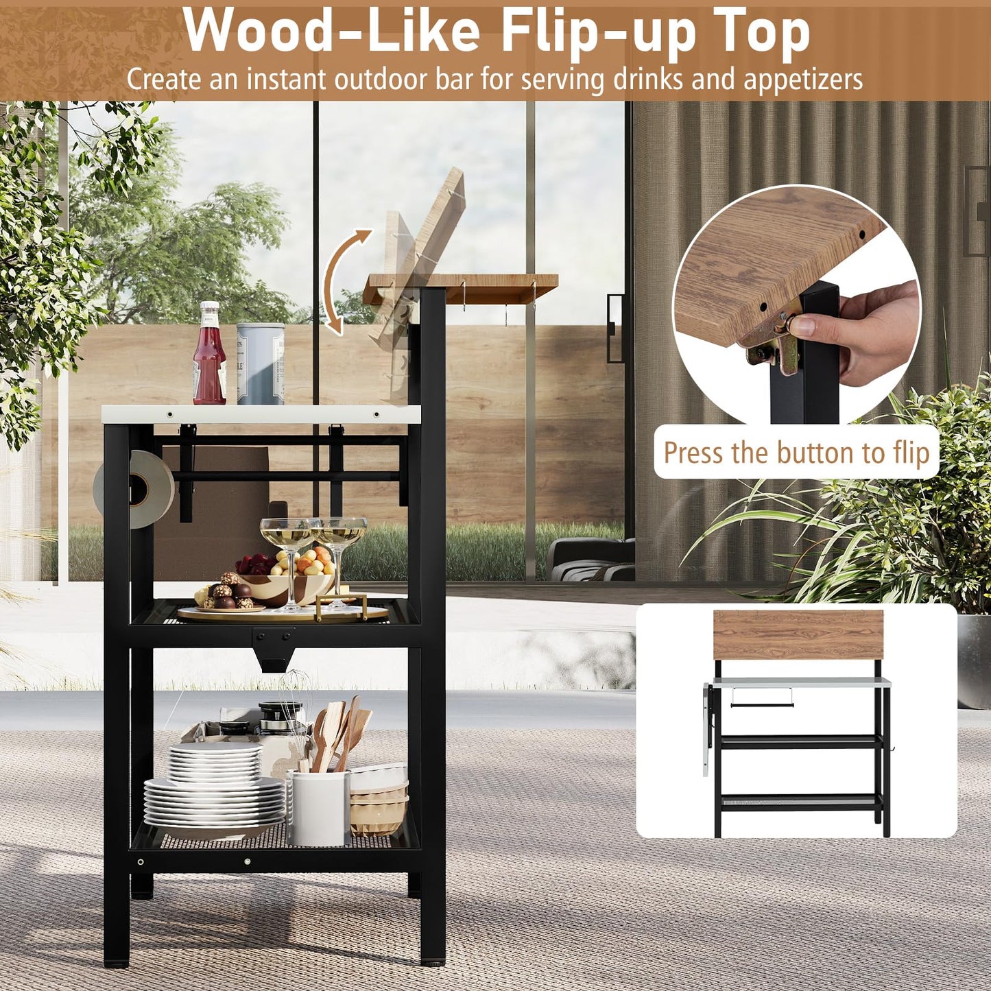 Giantex Outdoor Bar Table with Flip-Up Top & Foldable Side Table, 4-Tier Grill Stand with Storage Shelves, Hooks, Paper Towel Holder, Patio Kitchen Island Food Prep Cooking Station
