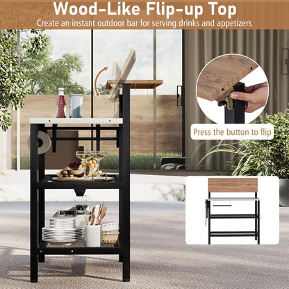 Giantex Outdoor Bar Table with Flip-Up Top & Foldable Side Table, 4-Tier Grill Stand with Storage Shelves, Hooks, Paper Towel Holder, Patio Kitchen Island Food Prep Cooking Station