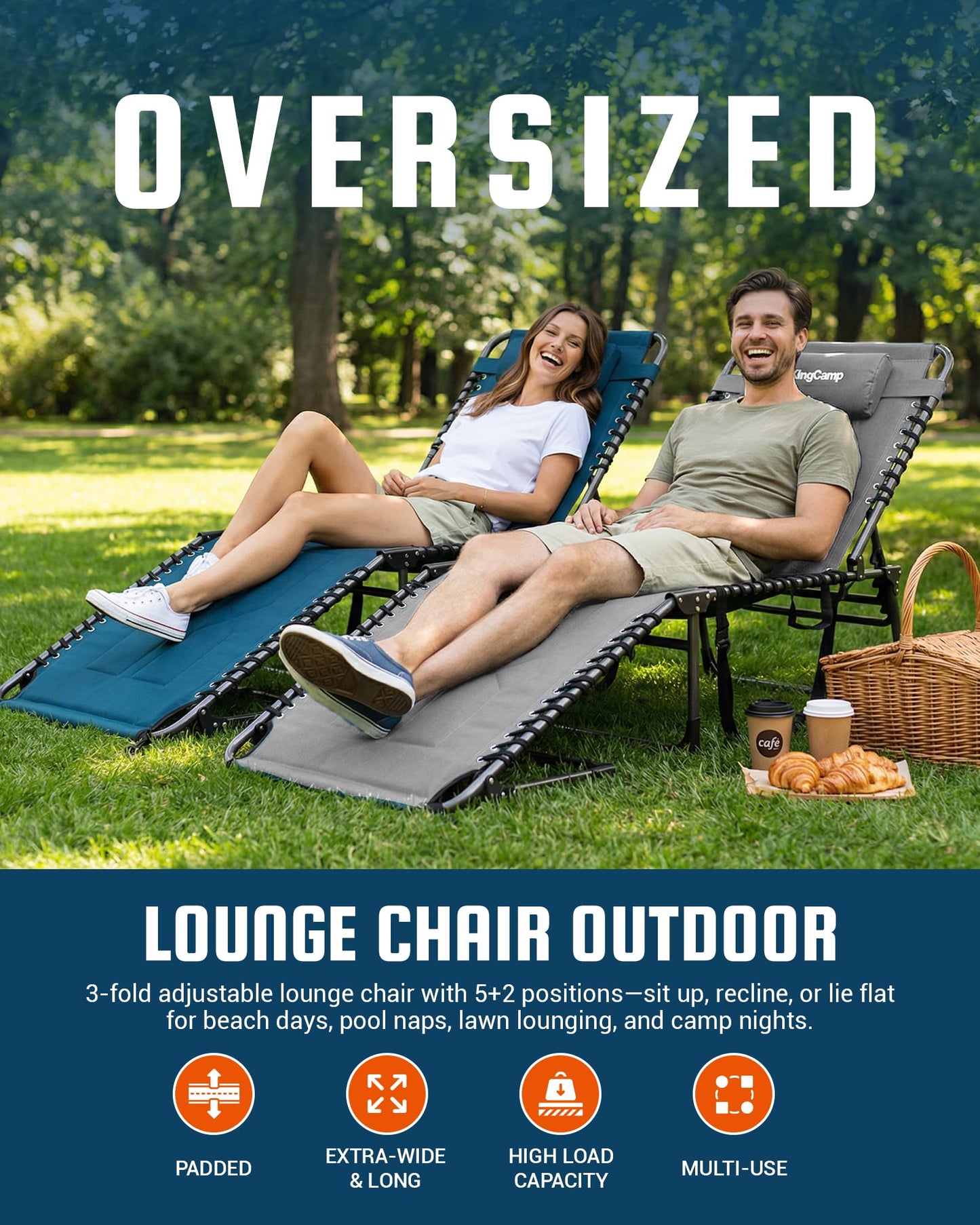 KingCamp Oversized Tanning Chair, Extra-Wide Padded Folding Chase Lounge Chairs Portable Adjustable 5-Position 440lbs Heavy Duty Lounger with Double-Layer Oxford for Outdoor Beach Patio Sun Pool Blue