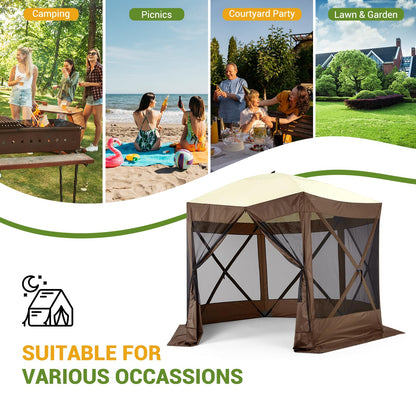 Hipicute Pop Up Gazebo,10 X 10 Ft Portable Outdoor Camping Pop Up Canopy Screen Tent with Mosquito Netting Gazebo,Waterproof 6 Sidewalls,Ground Stakes,Carry Bag for Lawn, Garden, Backyard(Brown)