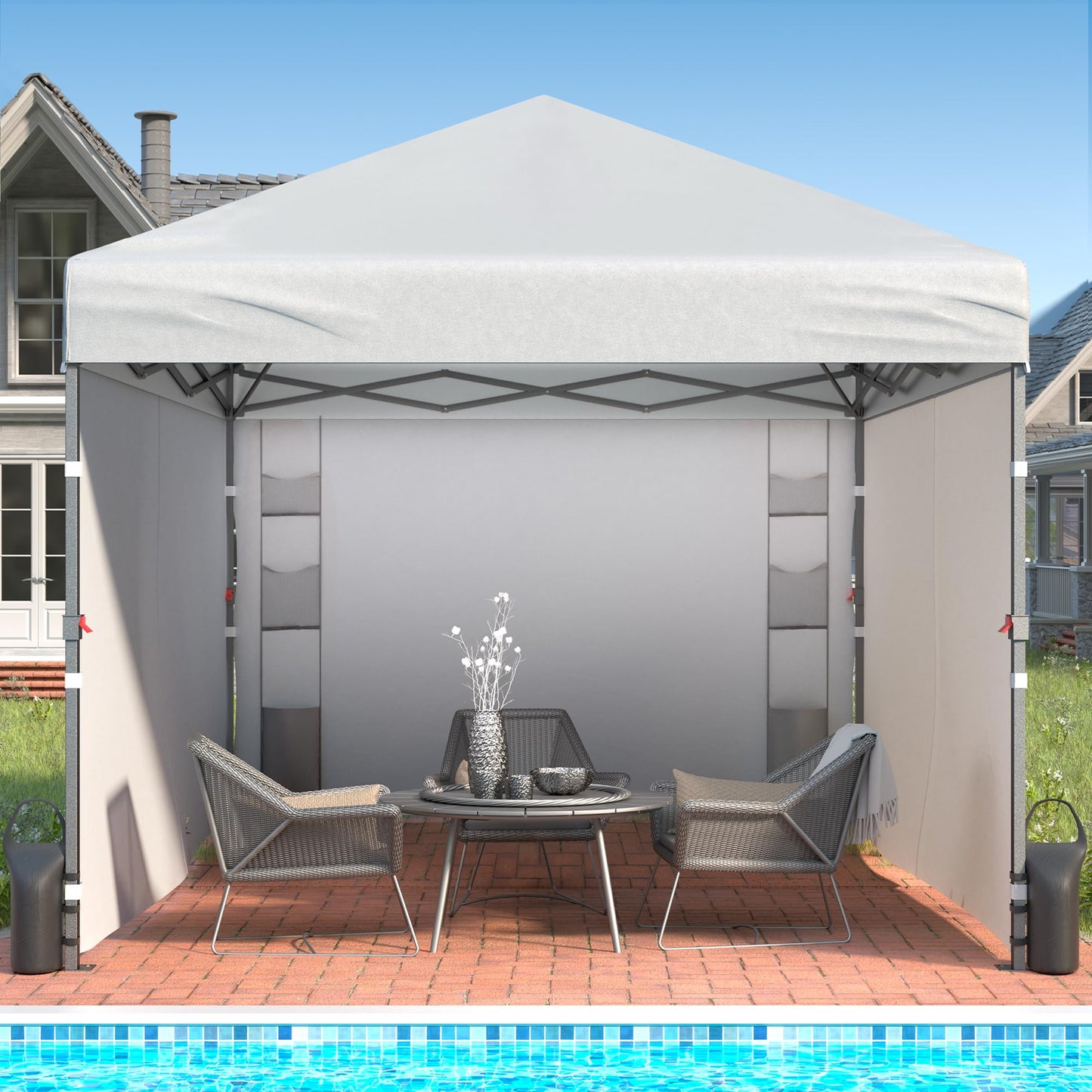 Tunbne 10X10 Comercial Pop Up Canopy Tent with 4 Sidewalls and 6 Pockets, One Push Setup Center Lock, for Beach Patio Outdoor, Case, 8 Stakes, 4 Ropes, 4 Sandbags (Snow White)