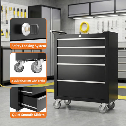 Rolling Tool Chest with Wheels, 5 Drawer Tool Storage Cabinet, Portable Toolbox Organizer with Lock, Heavy Duty Tool Chest Cart for Garage, Mechanic, Workshop, Shop, Mobile Tool Organizer, Black