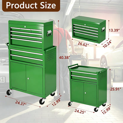 8-Drawer Rolling Tool Chest, 2-in-1 High Capacity Tool Storage with Detachable Top Cabinet, Locking System, Wheels and Liners for Garage, Workshop, Green