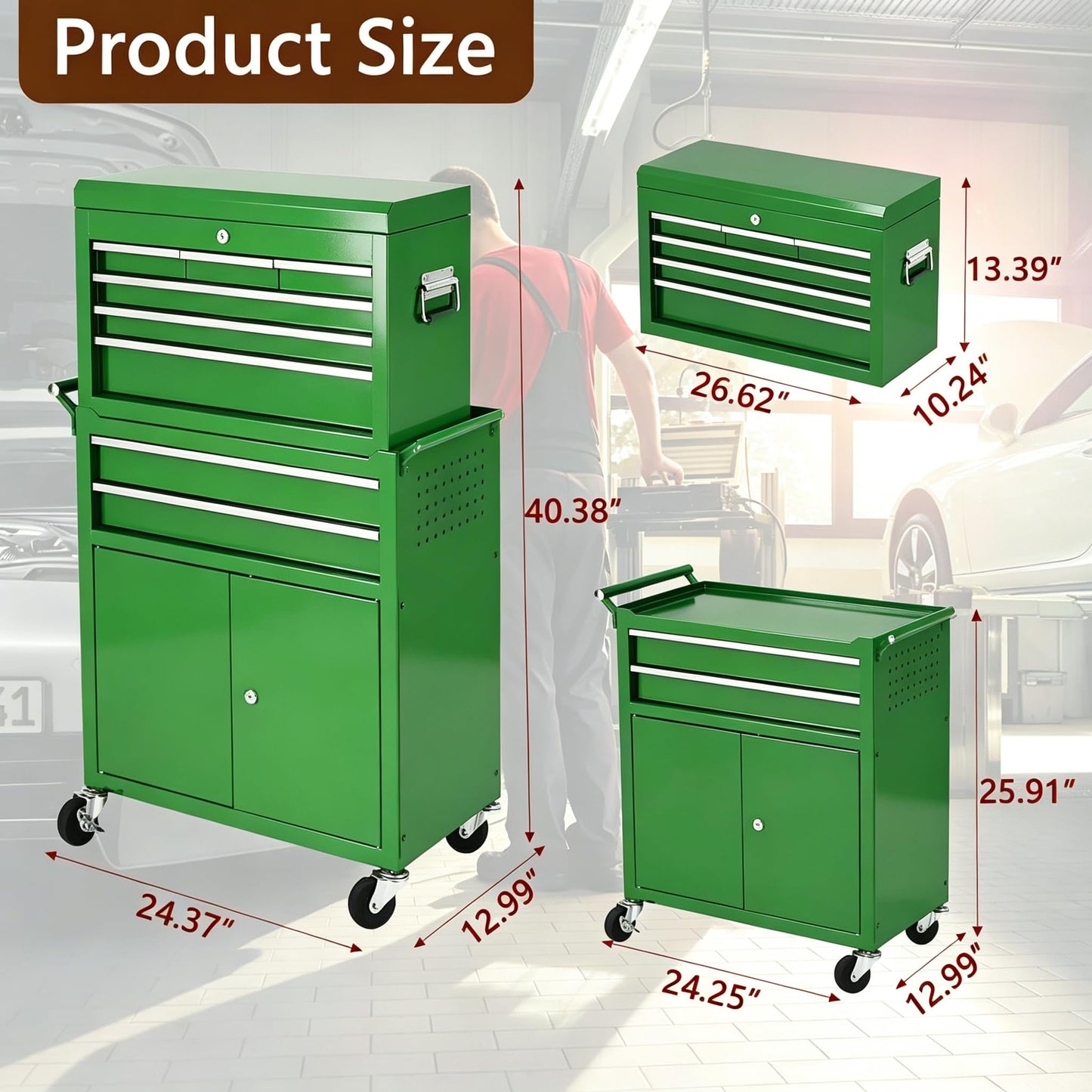 Heavy Duty 8 Drawer Tool Chest, Rolling Tool Box Cabinet on Wheels, 2-in-1 Detachable Metal Tool Storage Organizer for Garage and Workshop, Locking Steel Tool Cart with Portable Top Tool Box, Green