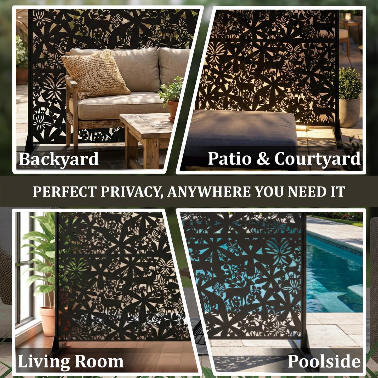 Metal Privacy Screen Outdoor 6FT – Freestanding Laser Cut Steel Garden Divider Panel with Stand, Decorative Modern Privacy Screen for Patio, Deck, Backyard & Balcony, Rustproof & Weather-Resistant