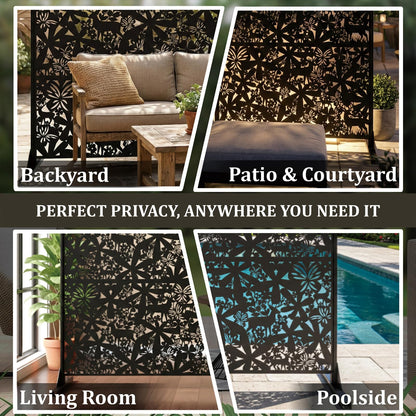 Metal Privacy Screen Outdoor 6FT – Freestanding Laser Cut Steel Garden Divider Panel with Stand, Decorative Modern Privacy Screen for Patio, Deck, Backyard & Balcony, Rustproof & Weather-Resistant