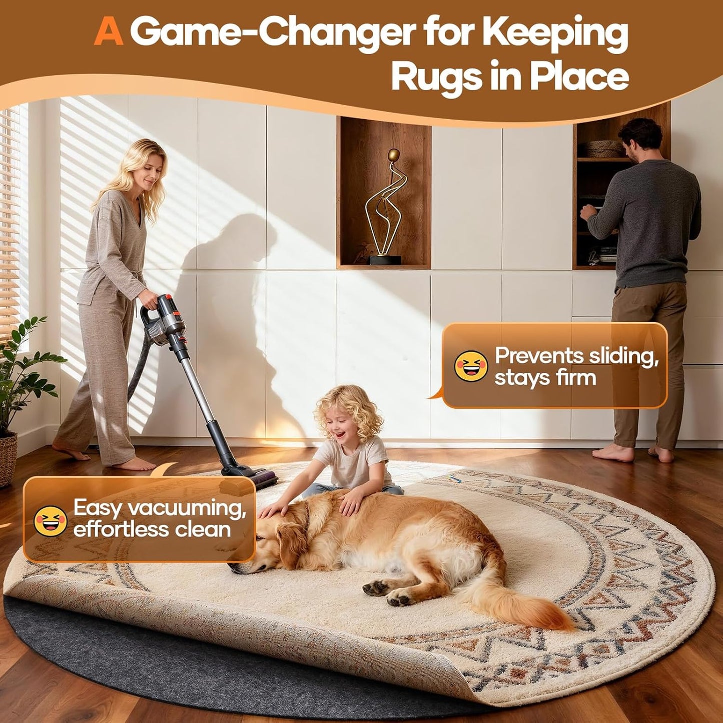 Veken Round Non-Slip Rug Pad - Cushioned Felt & Silicone Backing, 5 Ft, 1/8" Thick for Hardwood Floors
