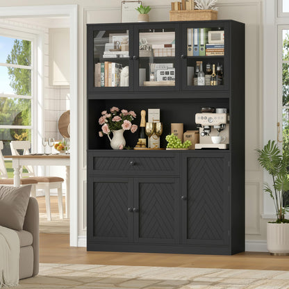 BOTLOG 72” Tall Kitchen Pantry Storage Cabinet, Modern White Kitchen Hutch with Large Storage Drawer, Countertop, Adjustable Shelves, Food Pantry Cabinets for Dining Room, Living Room (Black)