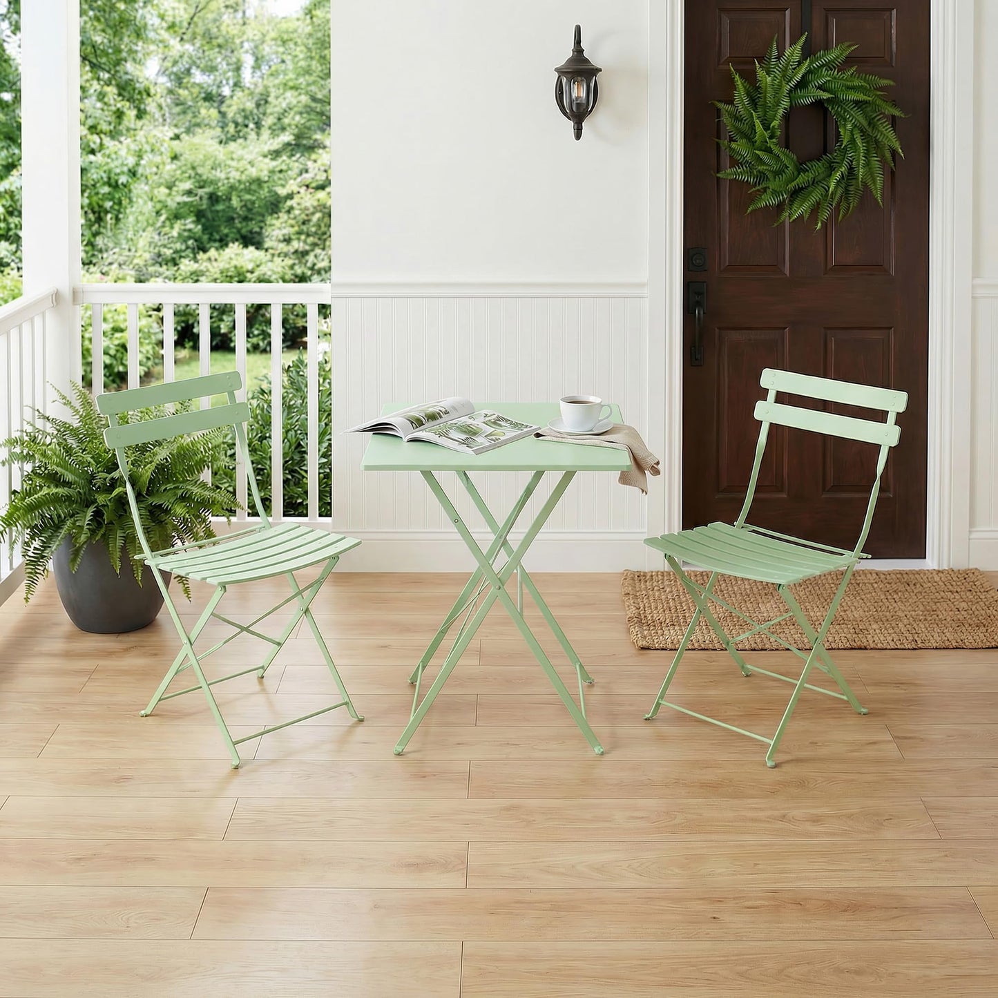 Garvee 3-Piece Patio Bistro Set – Metal Frame Folding Patio Furniture, Outdoor/Indoor Bistro Table and Chairs Set, No Assembly Needed, for Balcony, Yard, Garden, Green