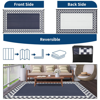 LUXLOOM 9x18 Outdoor Rug Waterproof Large Camping Rugs Reversible Plastic Straw RV Mat, Foldable Fade-Proof & Hose-cleanable Outdoor Carpet with Stakes & Carry Bag for Patio Deck Beach Blue White