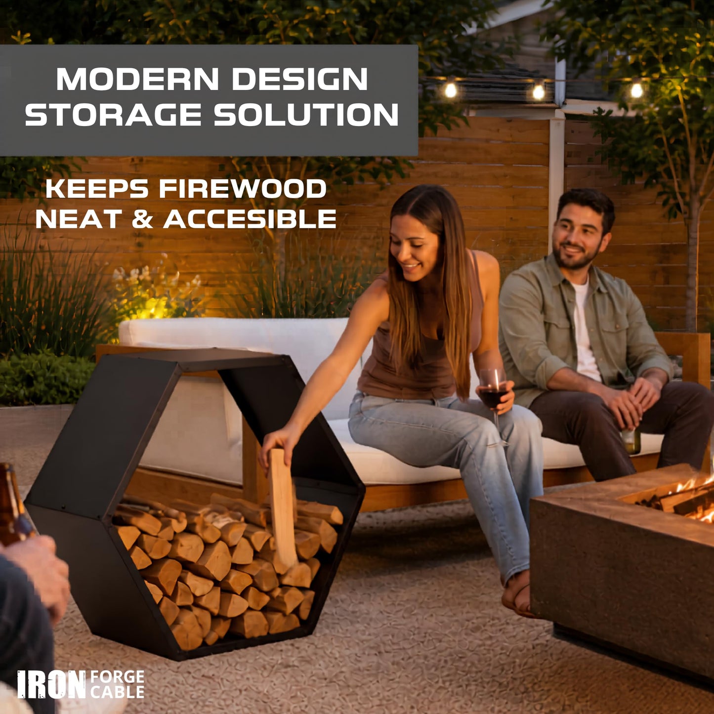 Iron Forge Tools Firewood Rack Outdoor Indoor Fire Wood Rack - 30 in. Hexagon Fire Log Holder, Powder Coated Steel Heavy Duty Firewood Holder Wood Storage Rack with Cover