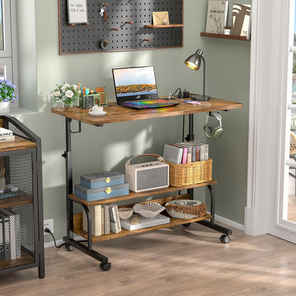 Besiost 32" Height Adjustable Standing Desk with Power Outlets - Manual Rolling Stand Up Desk with Wheels Small Portable Computer Desk Mobile Laptop Table with Storage Shelves for Home Office, Rustic