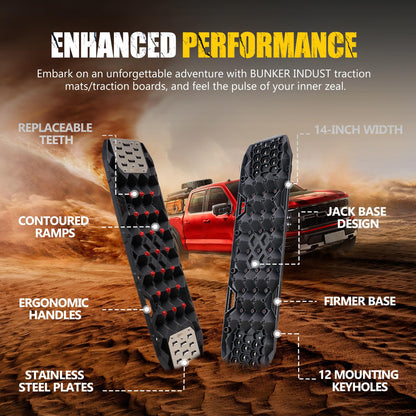 BUNKER INDUST Offroad Traction Board with Jack Base,Pair 47.24"L x 14"W Recovery Track Tire Traction Mat -Black Sand,Mud,Snow Ramps (Replaceable Dual Colors Teeth/Rugged Steel Plate) Gen 11th