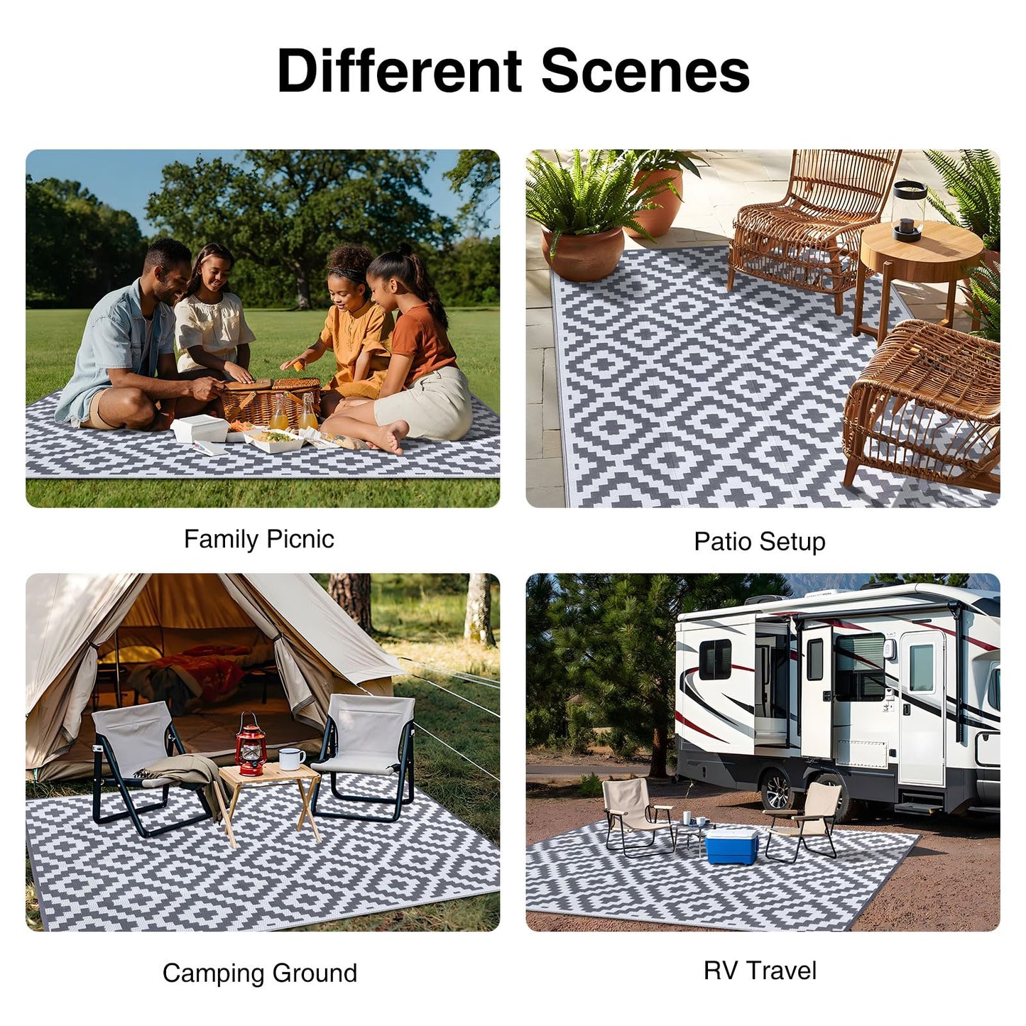 OLANLY Waterproof Outdoor Rug 10x14 ft, Outdoor Plastic Straw Rug for Camping, RV Mat Outside, Outdoor Carpet for Porch, Deck, Backyard, Balcony, Picnic, Grey & White