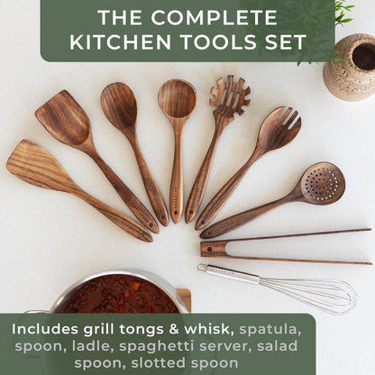 WALDWERK Wooden Spoons for Cooking – 9-Piece Kitchen Utensils Set with Spatula, Tongs, Whisk, Wooden Spoons & Pasta Server – Wooden Utensil Set – Utensil Sets - Cooking Utensils - Non Toxic