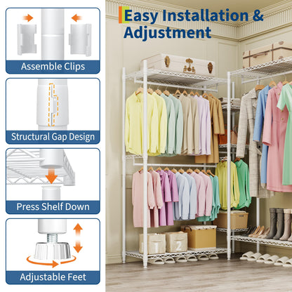 GarveeTech Heavy Duty Garment Rack L Shaped Clothes Rack for Corner,Load 1631LBS,Freestanding Portable Wardrobe Closet with 7 Adjustable Shelves, 4 Hanging Rods for Home,70.5" H x 85.4" L x 17.4" W