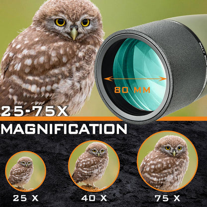 GOOCHIN 25-75X80 Spotting Scopes, HD Spotter Scope for Target Shooting, BAK4 Prism with Tripod, Smartphone Adapter, Waterproof Spotting Scope for Bird Watching Hunting Wildlife Viewing