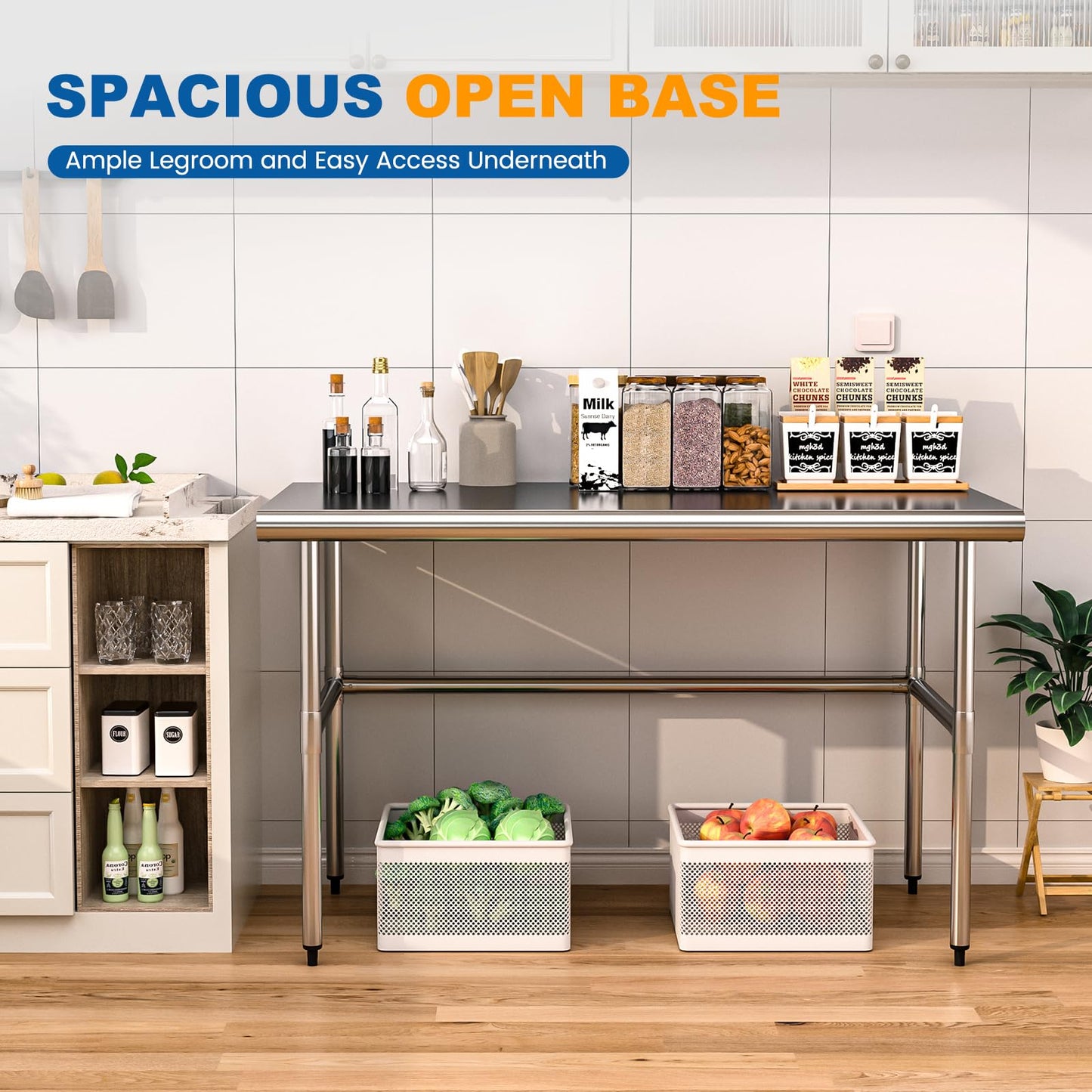 Chingoo Stainless Steel Table Open Base 30x60 Inch, Heavy-Duty Metal Work Table Ideal for Restaurant, Kitchen, Bakery, or Commercial Food Prep