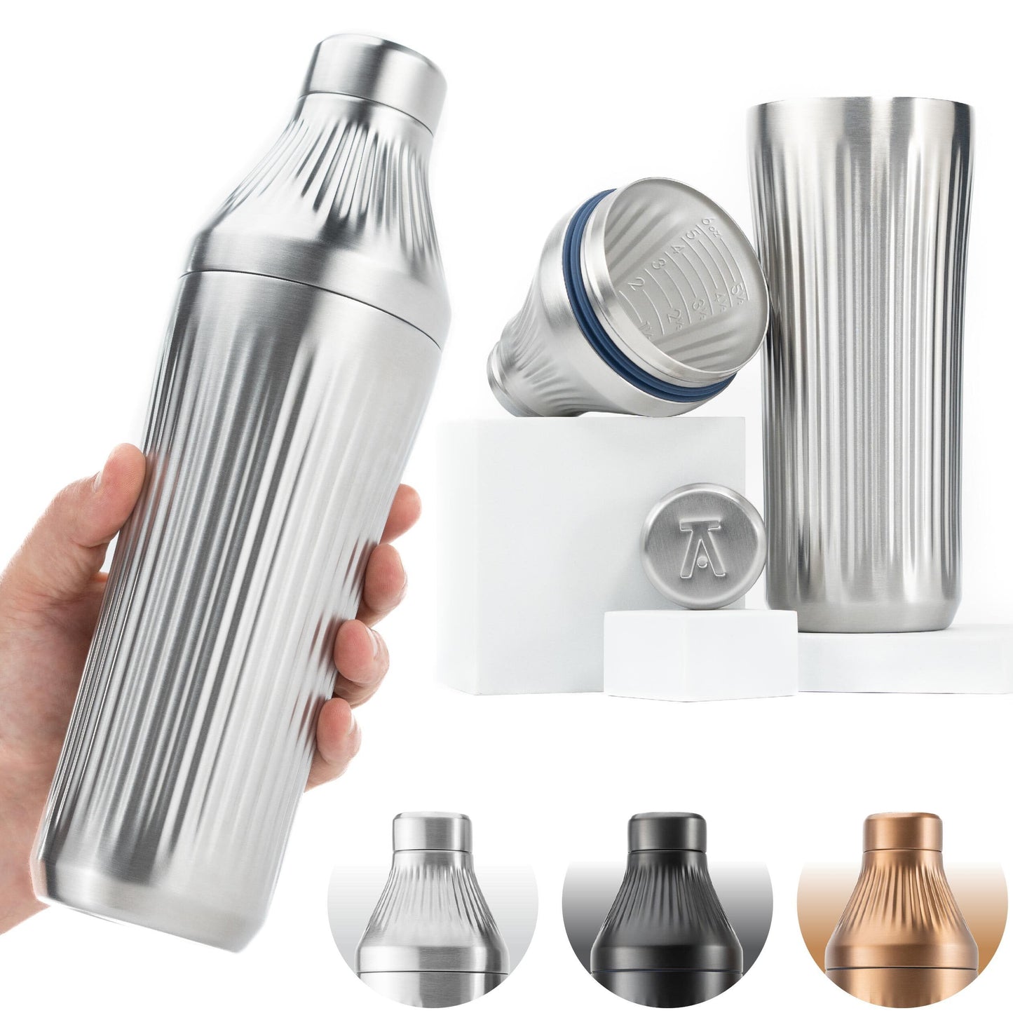 Elevated Craft Diamond Edition Hybrid Cocktail Shaker Set - Premium Vacuum Insulated Stainless Steel, 28 oz, Includes Built-in Strainer, Precise Measuring Top & XL Polishing Cloth - Martini Shaker