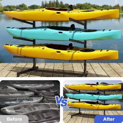 Baotree Heavy Duty Freestanding Kayak Storage Rack, Adjustable Metal Stand for 3 Kayaks, Canoes, SUPs, Paddleboards & Surfboards with Lockable Wheels, Indoor & Outdoor Use