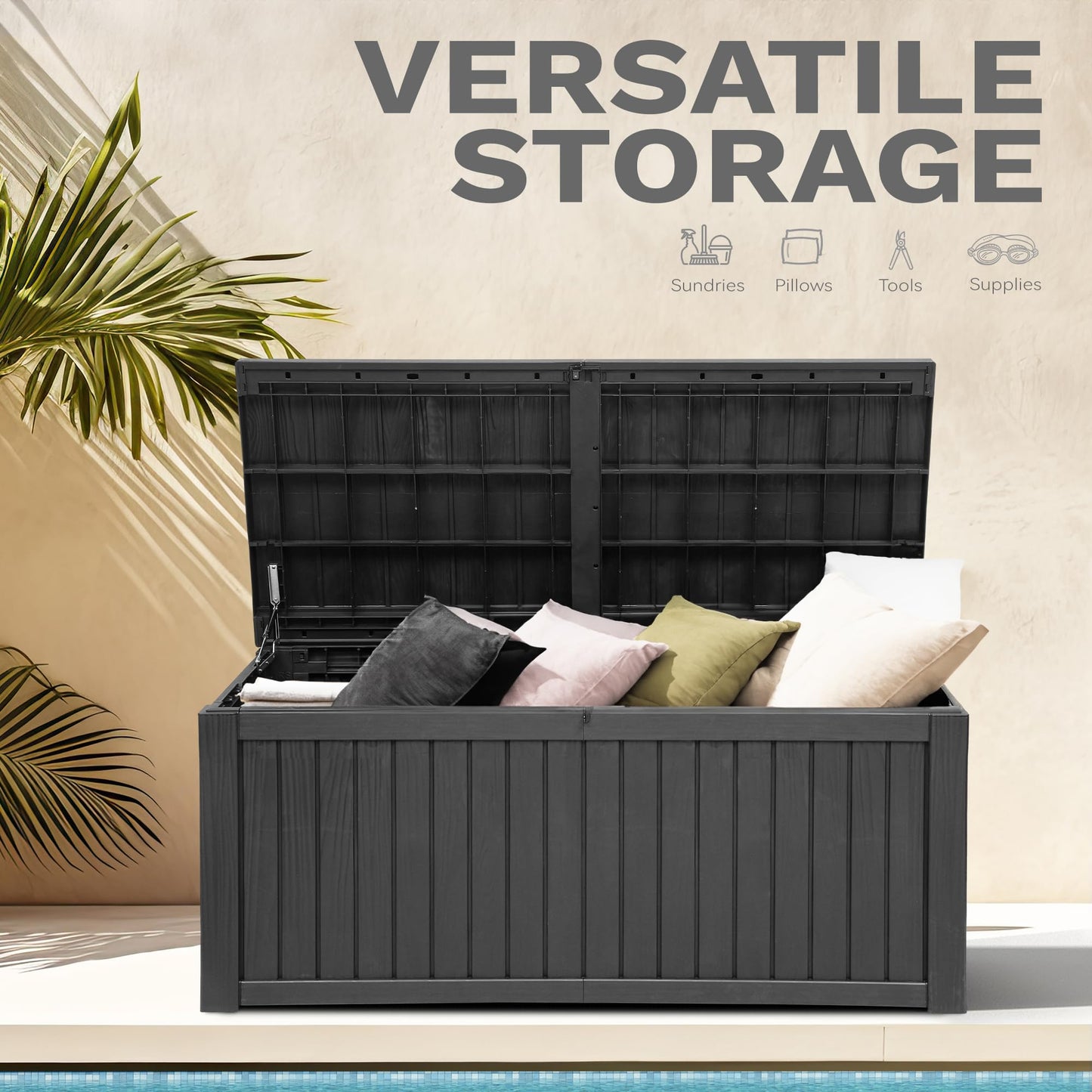 DWVO 180 Gallon XL Deck Box with Divider & Lockable Lid, Waterproof Resin Outdoor Storage for Patio, Garden, Poolside, Cushions, Supplies & Sports Gear, Black