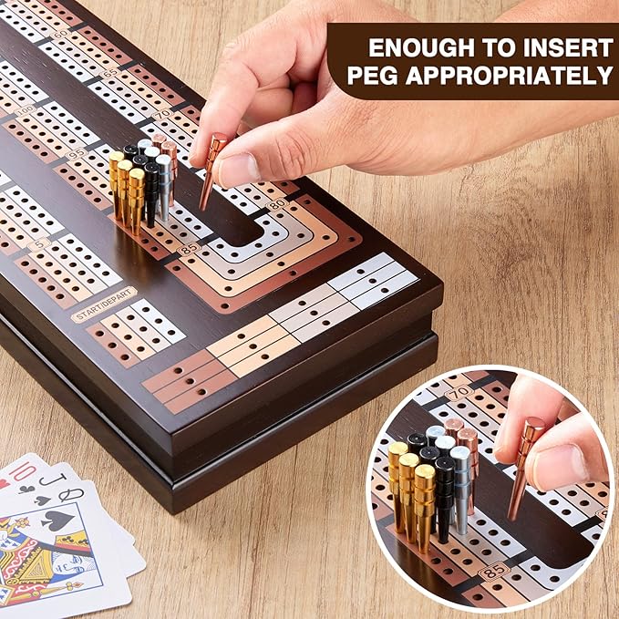 VAMSLOVE Upgraded Wooden 4-Track Cribbage Board Game Magnetic Scoreboard with Large Slots for Storing 2 Playing Cards and 12 Metal Pegs Travel Family Game Night (Instruction Included)