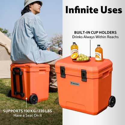 Naturehike 38 QT Wheeled Cooler, 6-Side PU Insulation Ice Chest 153-Hour Ice Retention, Rolling Hard Cooler Holds 45 Cans, 220 lb Seat, All-Terrain Wheels for Camping & Beach
