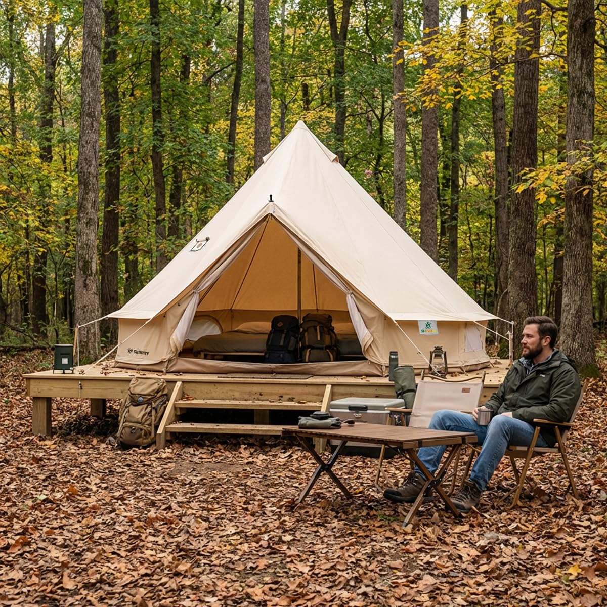 Canvas Bell Tent with Stove Jack, Glamping Yurt Tent for 360° Ventilated Mesh with Zipped Removable Floor, 4 Season Family House Hot Tents for All Year Living (Beige- 4M- 173 sq. ft yurt)