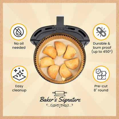 Baker's Signature Air Fryer Liners - 125 Pcs Round Disposable Non-Stick Paper | 8 Inch for 5-8 Qt Baskets