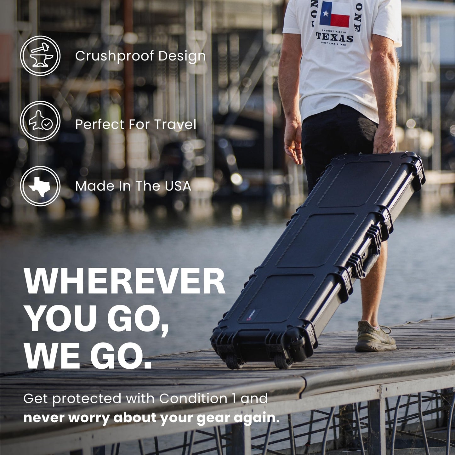 Condition 1 55" Long Gun Carrying Case Model 818 with Wheels, Rolling Hard Lockable Storage with Foam, IP67 Waterproof, TSA Friendly, Made in USA, 54.77"x16.50"x5.94"