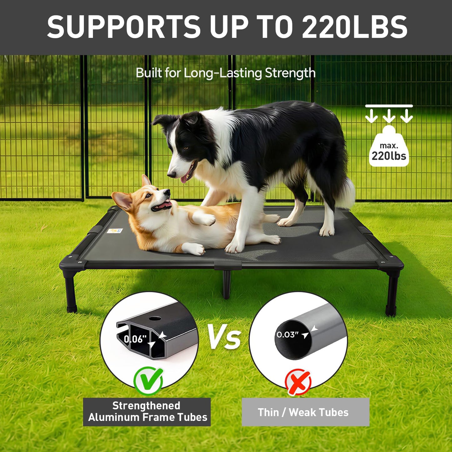 Sytopia 42'' Indestructible Outdoor Elevated Dog Bed for Large Dogs, Chew-Proof Pet Camping Raised Cot with Breathable Mesh - Durable Frame, Cooling Hammock Bed, Non-Slip Feet, Waterproof, Easy Clean