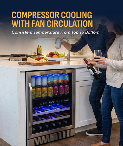 NewAir 24" Dual Zone Beverage Refrigerator & Wine Cooler for 20 Bottles & 70 Cans | Freestanding or Built-In Under Counter Mini Fridge for Beer, Wine and Soda | Stainless Steel