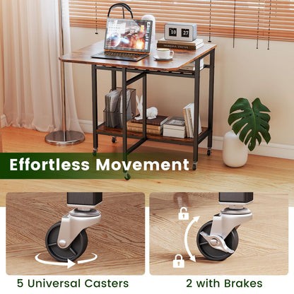 Giantex Folding Dining Table with 5 Wheels, Extendable Bar Tables with Wine Rack and Storage Shelf, Heavy-Duty Metal Frame, Space-Saving Kitchen Table for Small Spaces, Living Room, Apartment, Office