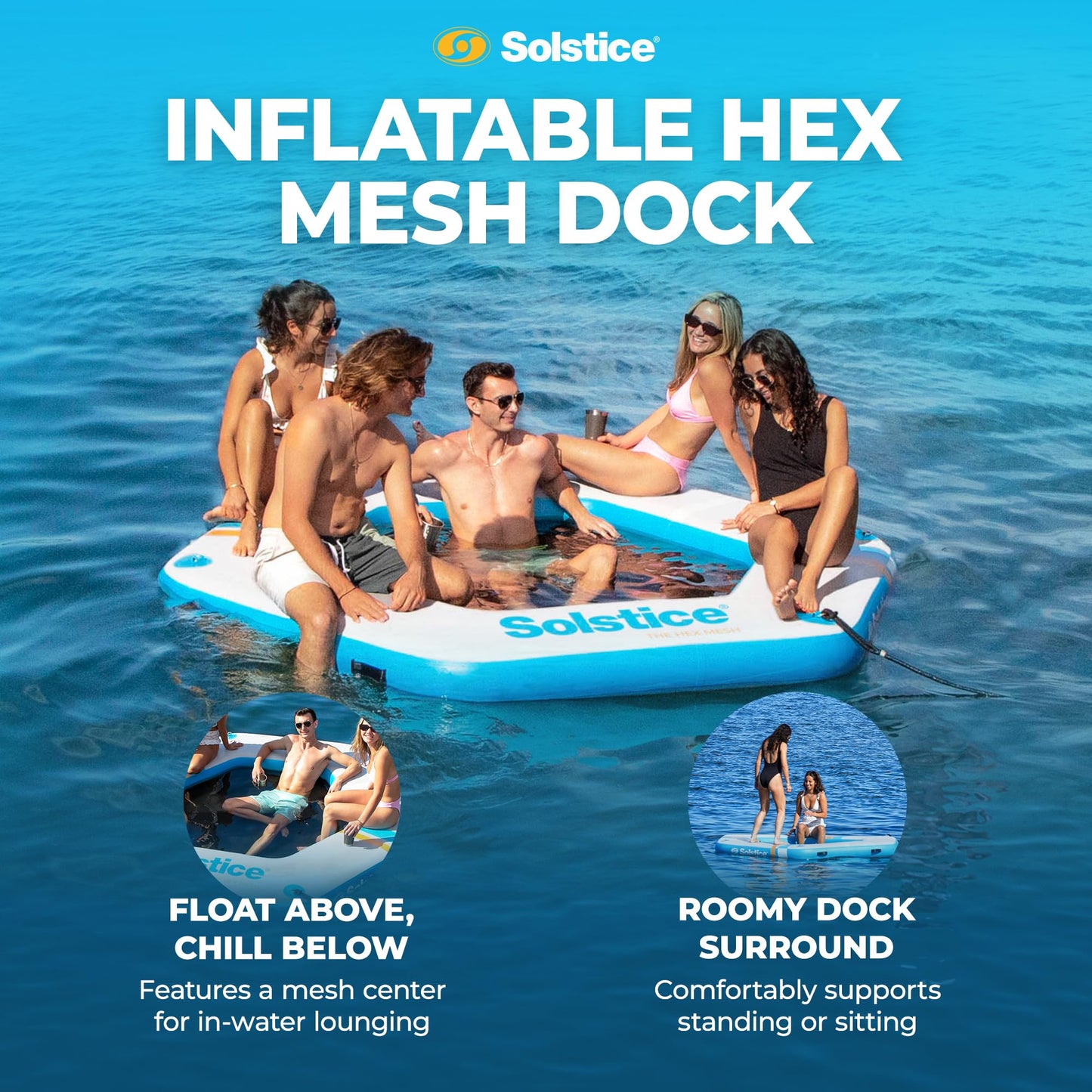 Solstice 6-Person Hex Mesh Inflatable Dock, Floating Water Raft Platform, 8ft 6in - Hexagonal Outdoor Hangout for Lake, River, Swimming Pool & Beach, Includes Carry Bag