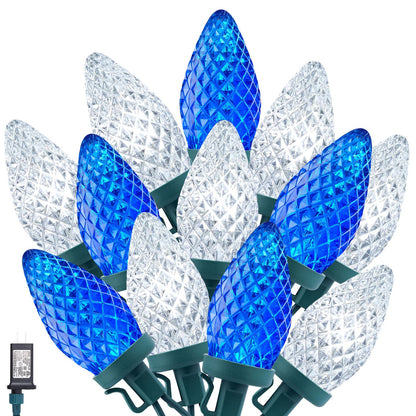 Minetom C9 LED Christmas String Lights - 82ft, 100 LEDs, Timer, 8 Modes, Plug-in, Blue and White