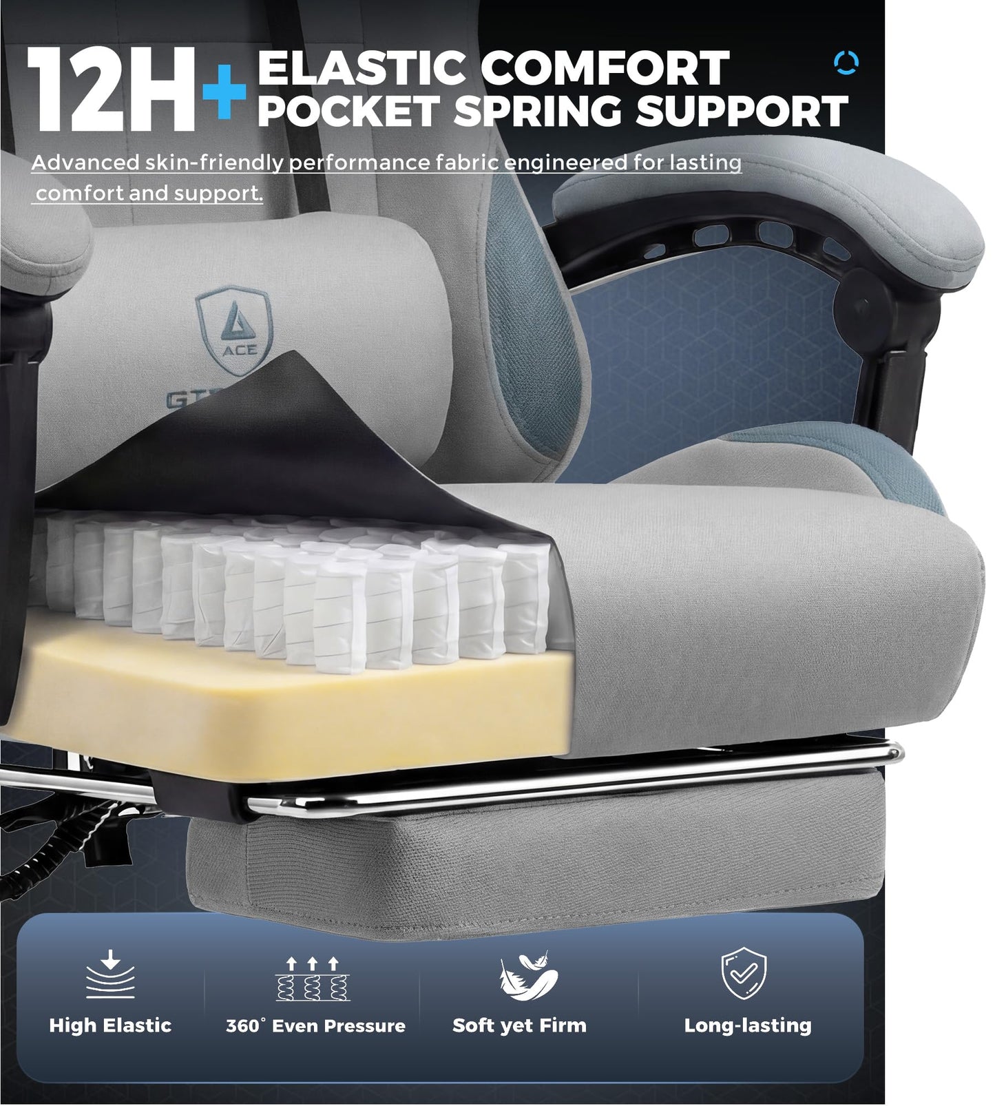 GTPLAYER Gaming Chair Fabric with Pocket Spring Cushion,Computer Office Chair with Lumbar Support for Adults Linkage Armrests and Footrest Ergonomic Gamings Chairs Height Adjustable Gray
