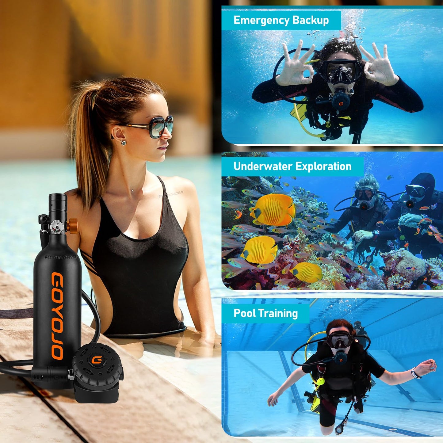 GOYOJO 1L Mini Scuba Tank with Mask – DOT Certified Portable Diving Air Tank, 3000 PSI Max Pressure, Pony Bottle Underwater Breathing Device for Snorkeling & Scuba Diving (Black)