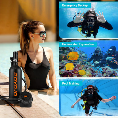 GOYOJO 1L Mini Scuba Tank with Mask – DOT Certified Portable Diving Air Tank, 3000 PSI Max Pressure, Pony Bottle Underwater Breathing Device for Snorkeling & Scuba Diving (Black)
