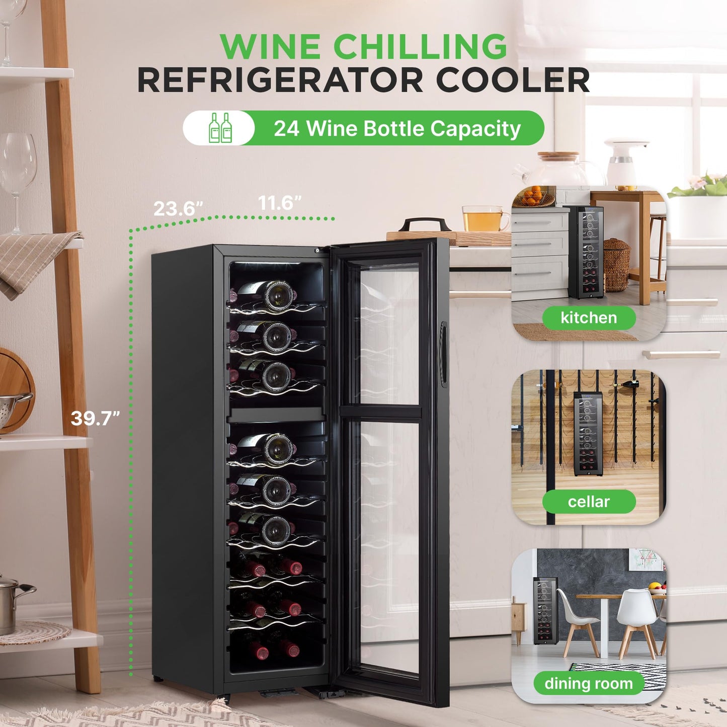 NutriChef 24 Bottle Wine Fridge | Dual Zone Chiller | Adjustable Temperature 41°F to 64°F | Ultra Quiet Operation | Wine Cooler for Home, & Office | FreeStanding 39x11x23 in (Black)