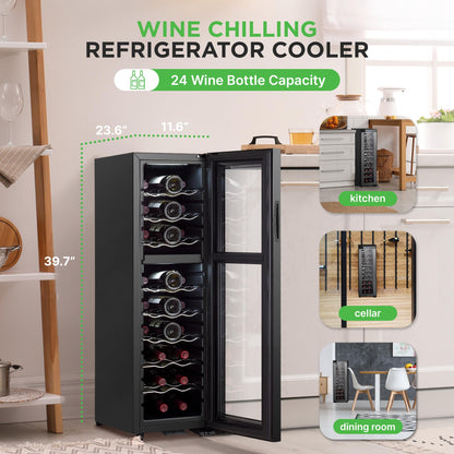 NutriChef 24 Bottle Wine Fridge | Dual Zone Chiller | Adjustable Temperature 41°F to 64°F | Ultra Quiet Operation | Wine Cooler for Home, & Office | FreeStanding 39x11x23 in (Black)