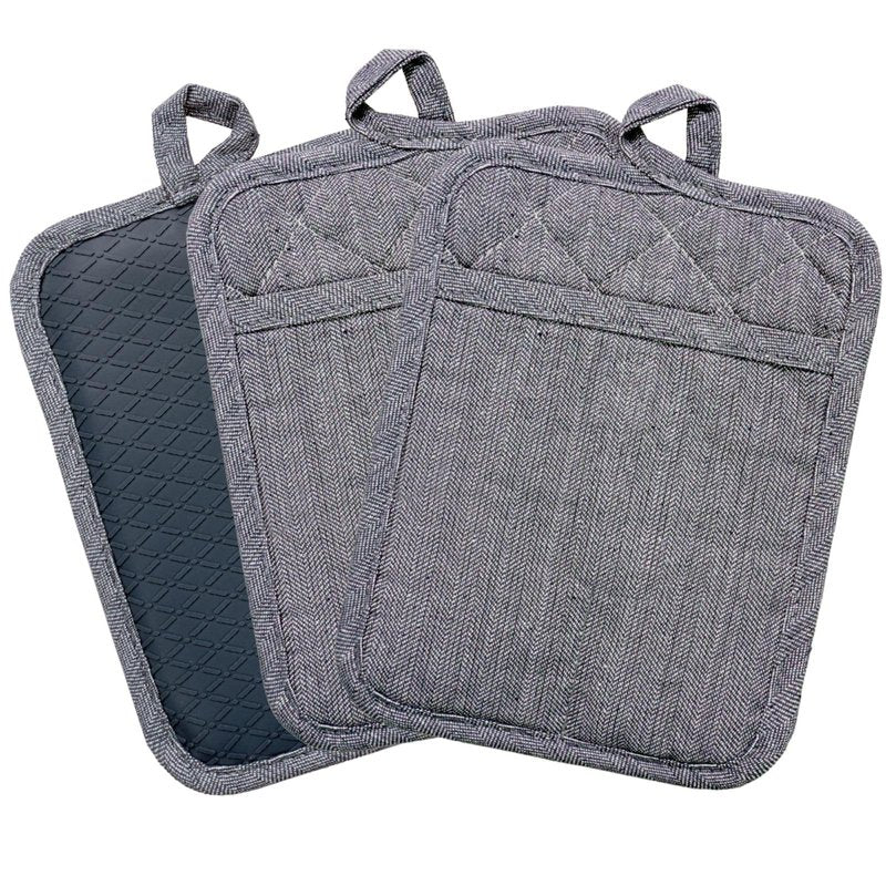Pot Holders Yarn-Dyed Set of 3 Non Slip Silicone Kitchen Lines Heat Resistant 500℉ Kitchen Gloves BBQ Cooking Baking Women Men Cooking Barbecue Microwave Machine Washable (Gray Potholders)