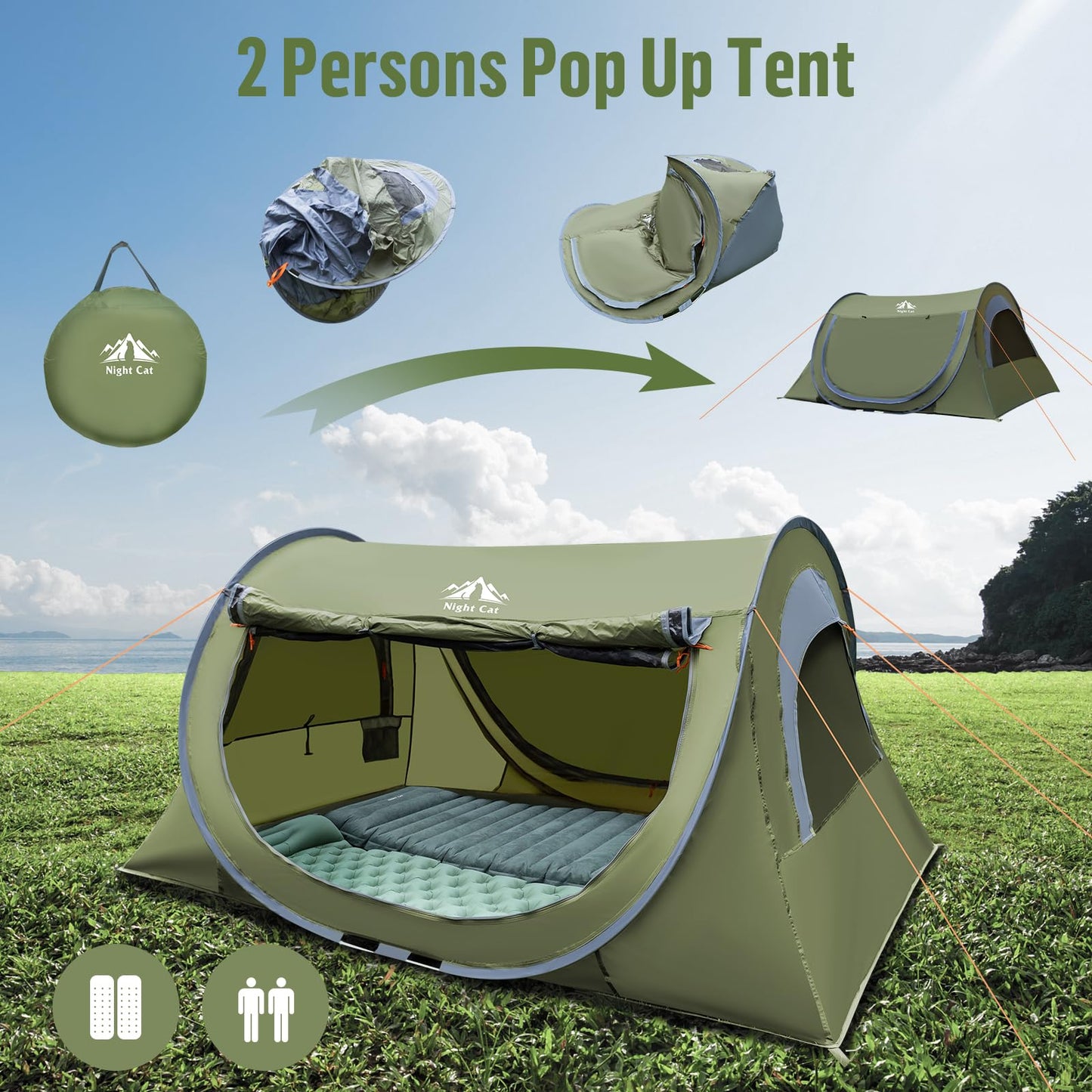 Night Cat Pop-up Camping Tent with Inflatable Double Sleeping Pad Double Sleeping Bag for 2 Persons Tent Combo Set