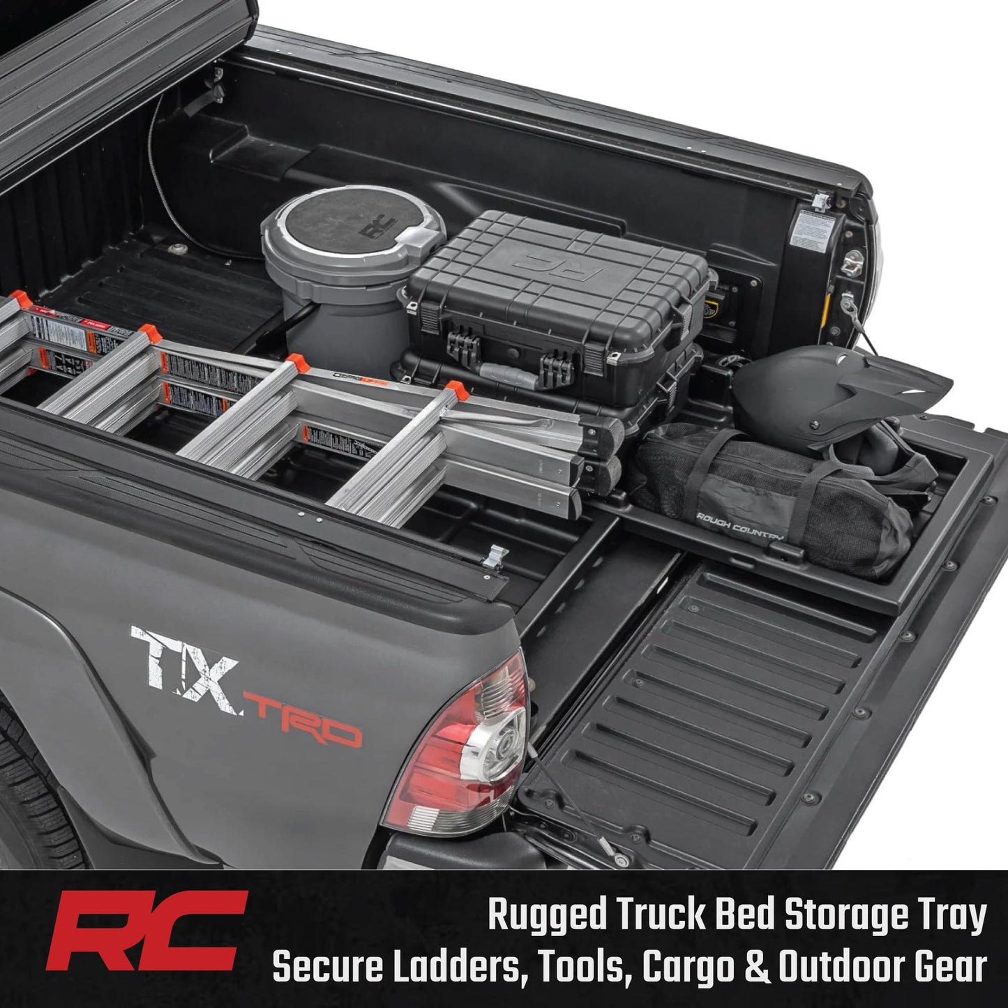 Rough Country Slide-Out Truck Bed Cargo Tray - Mid-Size Bed Organizer for 5' & Shorter Beds, Heavy-Duty Polyethylene, UV-Protected, Easy Tailgate Access