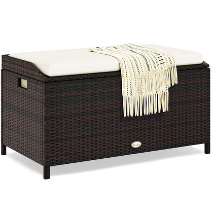 YITAHOME Outdoor Wicker Storage Bench Deck Box, Large PE Rattan Patio Storage Bench w/Covenient Handles and Soft Cushion for Patio, Yard, Lawn, Garden