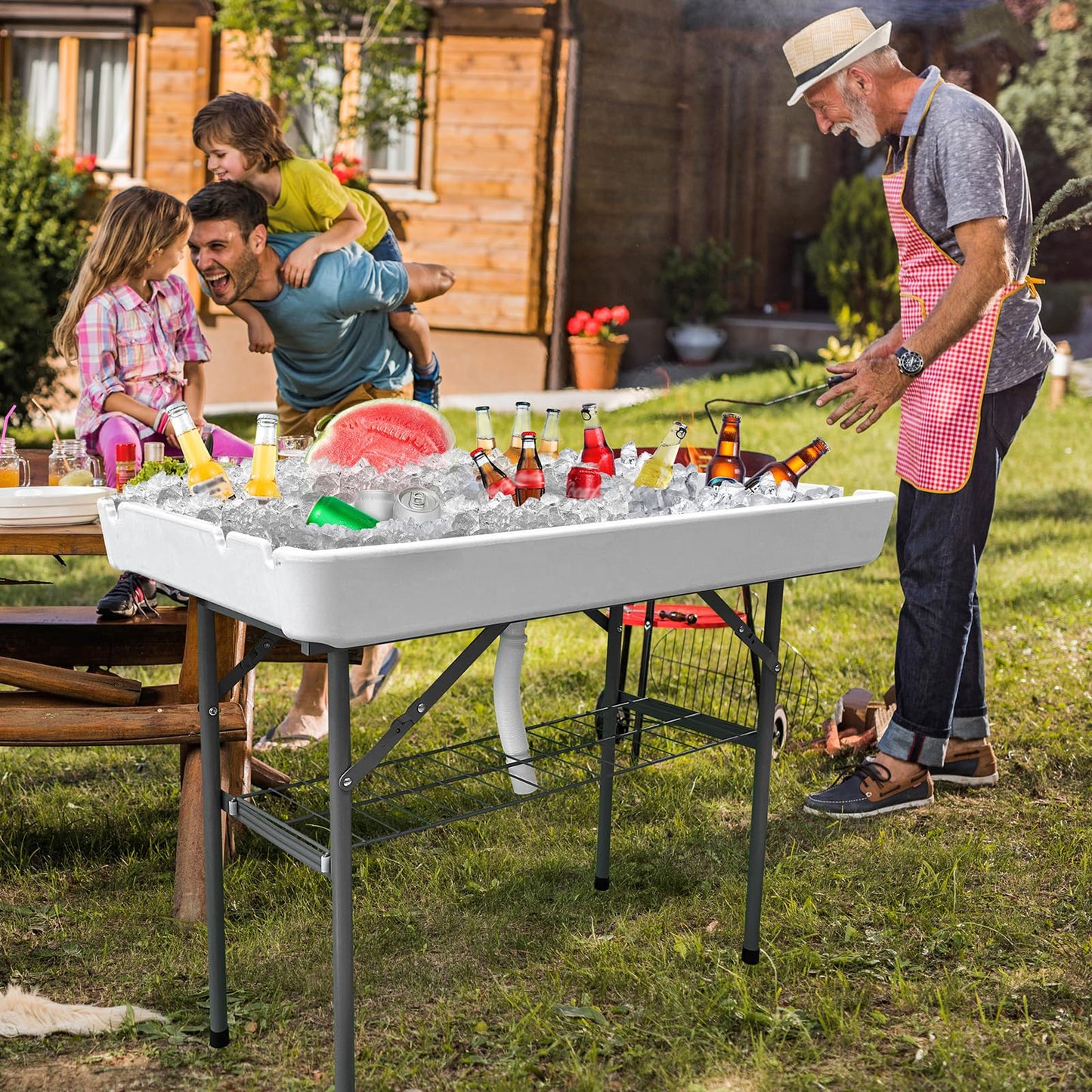 GUAGUA Ice Cooler Table - Portable Bar Table for Events Outdoor Cooler Stand with Drain for Parties Drink Foldable Picnic Table Party (WhiteA)