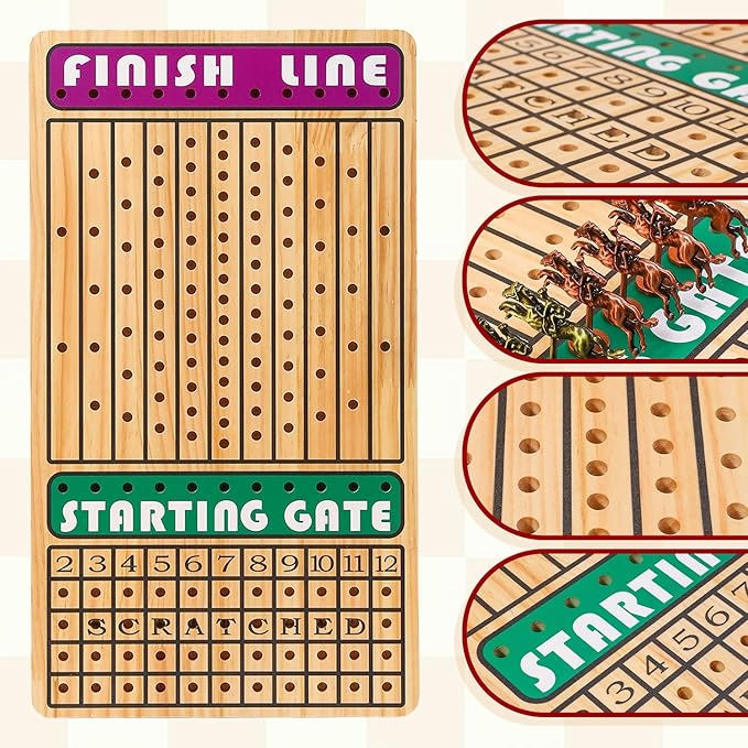 21 in Horse Race Board Game Racing Game Thickened Solid Wood with 11 Metal Horses 2 Cards &amp 4 Dice Horse Racing Game for 2-6 Players
