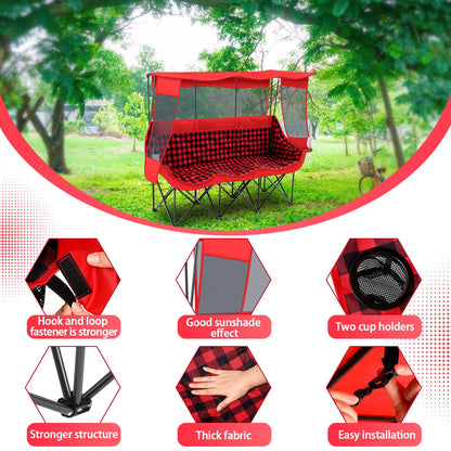Teenyyou 3 Person Camping Chair with Canopy – Ultimate UV Sun Protection, 700lbs Heavy Duty Oversized Beach Chair, Foldable Portable Sofa with Cup Holder & Storage for Beach Lawn Outdoor(Red Black)
