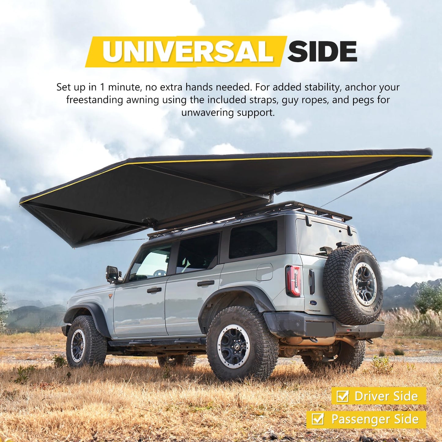 BUNKER INDUST 180 Degree Awning Free Standing, Vehicle Overland Awning Built-in LED Light - Three Colors, Car Driver Passenger Side, Waterproof Wind Resistant for SUV Van Truck Camper